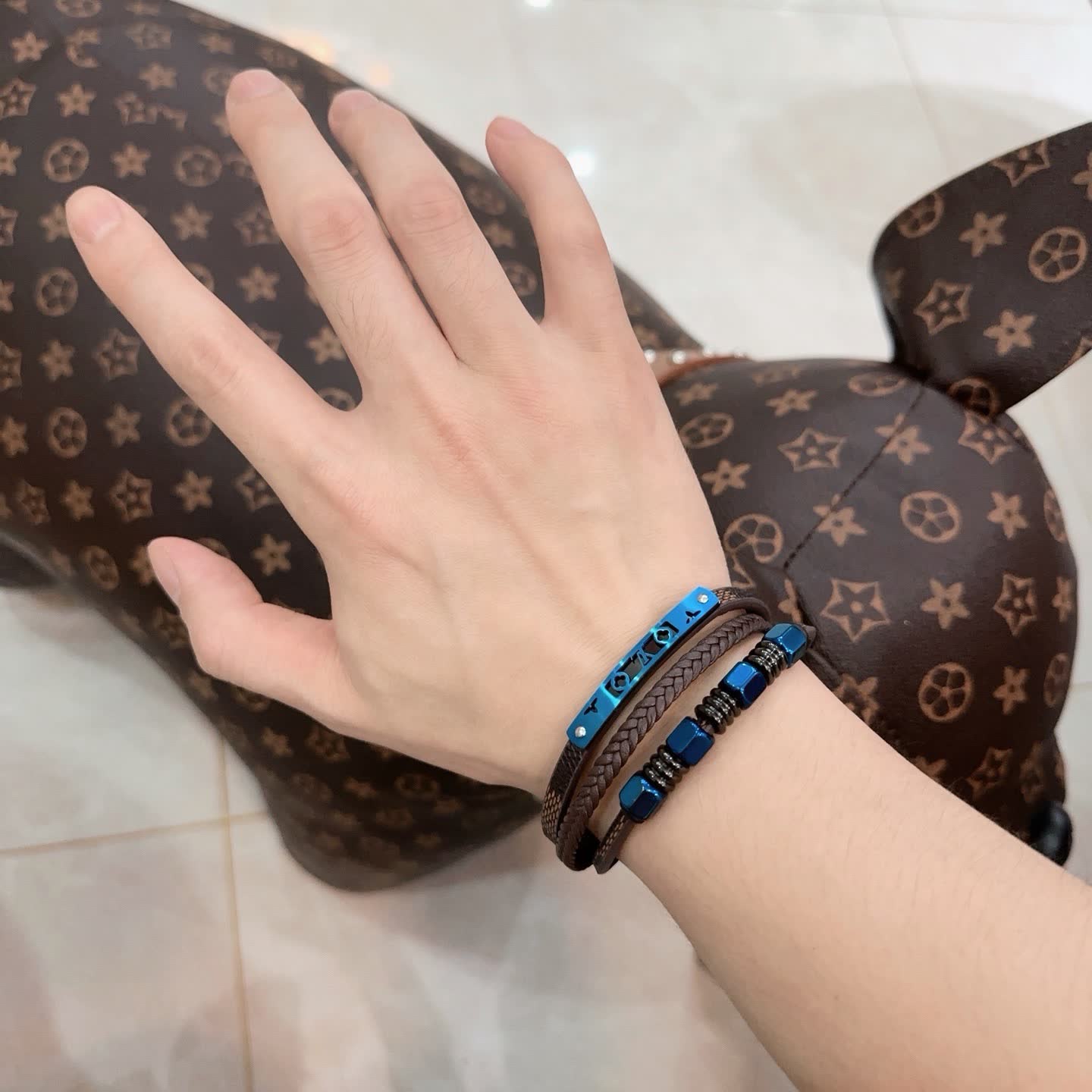 Louis Vuitton Brown Leather and Blue Bead Bracelet